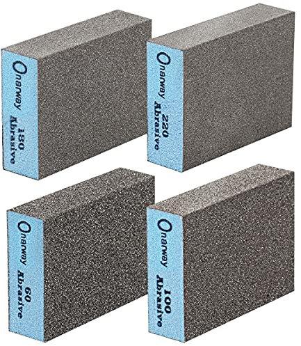 Onarway Sanding Sponges 4 Pack Wet and Dry Dual-use, Coarse and Fine Sanding Blocks - 60/100/180/220 Grits 4 Different Specifications, Washable and Reusable, Ideal for Wood Metal Wall Polish