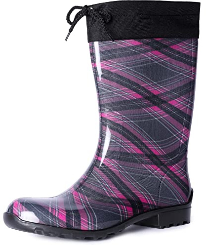 Ladeheid Botas de Agua Impermeables para Mujer Botas Antideslizantes Rubberboots Altas de Lluvia en PVC Zapatos de Mujeres LA-968 (Morado/Cuadros, 38 EU)