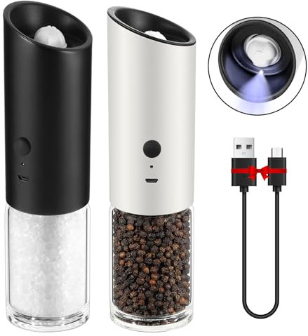 Vevok Chef Electric Salt and Pepper Grinder Set, Automatic Seasoning Mill for One Hand Operation USB Rechargeable with LED Light, Adjustable Coarseness Ceramic Core, Easy Refill, Black and White