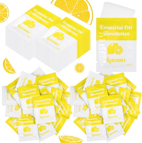 Threlaco 200 Pcs Essential Oil Wipes Wet Wipes Hand Individually Wrapped Wipe Bulk Single Use for Travel Clean Hands Sensitive Skin Backpacking Hypoallergenic Wipe Camping (Lemon)
