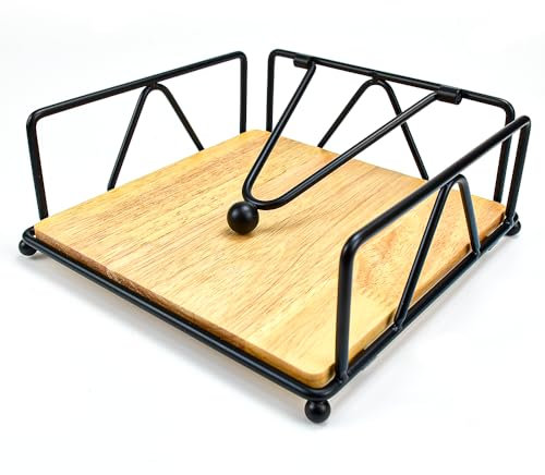 NAROSEBE Serviettenhalter Schwarz Metall Serviettenspender Serviettenständer Holz Tisch Vintage mit Beschwertem Quadratische Papierserviettenhalter für Küche Restaurant Bauernhaus (18 * 18 * 7cm)