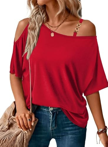 Summer Red Tops for Women Sexy Casual Cold Off The Shoulder 2026 Trendy Short Sleeve T Shirts Loose Fit Blouse XL