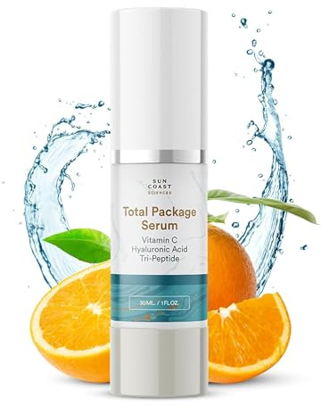 Sun Coast Sciences Total Package Serum - Vitamin C Serum with Hyaluronic Acid & Peptides for Face - Hydrating Anti Aging Face Serum for Smoother, Firmer Looking Skin - 1 Fl Oz (Pack of 1)