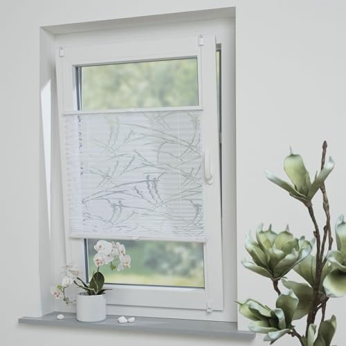 Klemmfix-Plissee mit ausgebranntem Motiv Lines, halbtransparent, ohne Bohren oder Schrauben, inkl. Klemmträger, Breite: 75 cm/Länge: 210 cm, Farbe: weiß