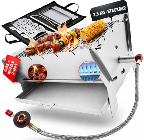 Little Bro Mobiler Steck-Gasgrill 2-in-1 Edelstahl Grill für Gas & Holzkohle - Inkl. Tasche (Grillmatte) & Schultergurt - Kompakter Campinggrill für Outdoor, Balkon & Trekking