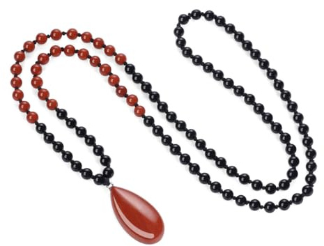 COAI Collana Perle Mala 108 Grani in Onice e Agata Rossa Annodate a Mano e Ciondolo Goccia di Agata Rossa, Collana Pietre Naturali