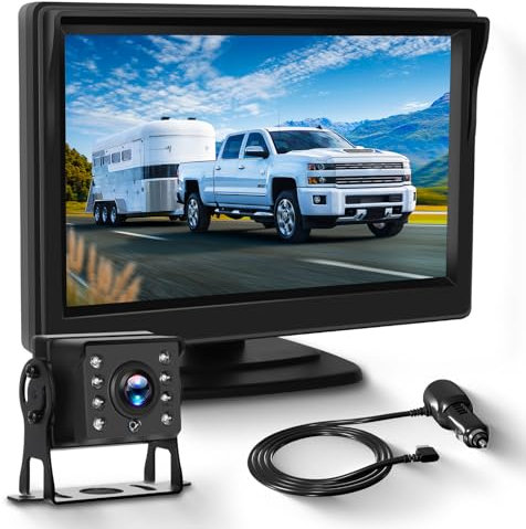 Podofo Reversing Camera and 5 inch HD IPS Monitor Kit and IP68 Waterproof Night Vision Rear View Camera for Car/RV/Truck/Trailer/Pickup/Van/Bus/Camper with 10M/33ft Cable