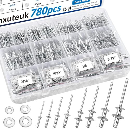 mxuteuk 780 Stück Pop Nieten mit Unterlegscheibe Sortiment Kit 14-Größen SAE Aluminium Nieten (3/32 Zoll1/8 Zoll5/32 Zoll3/16 Zoll1/4 Zoll) Assorted Blindnieten für Metall, Möbel, Automotive