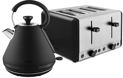 Tower Sera Kitchen Set, 1.7L Pyramid Kettle & 4 Slice Toaster, Black, T10079BLK, T20086BLK