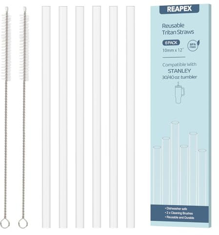 6 Pack Replacement Plastic Straws with 2 Cleaning Brushes, Reusable Long Thick Transparent Straw for Stanley 30oz/40oz Tumblers Water Bottles Cup, Easy to Clean, Food Grade & BPA Free (Round Shaped)