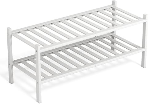 BAM BOO BOX Scarpiera in Legno Bambù 2 Ripiani – Porta Scarpe Salvaspazio Ingresso Slim 68x28x32 cm – Scarpiera Portascarpe Componibile Stretta Verticale – Mobile Scarpiera Piccola Modulare (Bianco)