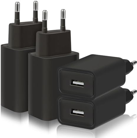 4-Pack 5W Cargador Enchufe USB Charger, 5V/1A Carregador USB Cargador Movil Compatible iPhone Samsung Xiaomi Huawei LG (Negro)