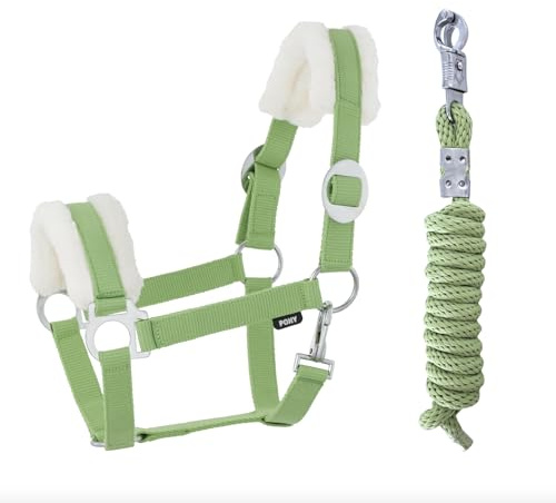 JA Horse Kunstfell Halfter Führstrick Set mit Panikhaken verstellbar Pferdehalfter Pferd Holzpferd Anbindestrick (Kunstfell Panikhaken Grün, Cob)