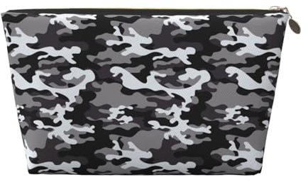 Bolsa de maquillaje con estampado de camuflaje negro, gris y blanco, bolsa de aseo de viaje para mujeres, bonita bolsa de maquillaje de cuero organizador