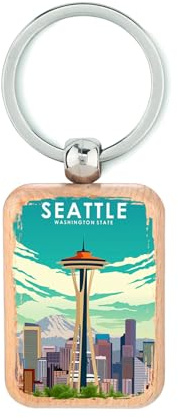 Porte-clés en bois de l'État de Washington de Seattle, plaque d'identité pour chien, accessoire porte-clés