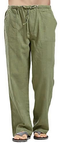 Relwxea Men's Linen Trousers Loose Fit Summer Beach Yoga Pants Elastic Drawstring Trouser Straight Legs Lightweight Trouser Green XL