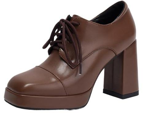 Mo Joc Scarpe stringate retrò con plateau | tacco a blocco 9,5 cm e piattaforma 2 cm | punta quadrata | suola in gomma antiscivolo, marrone, 37 EU