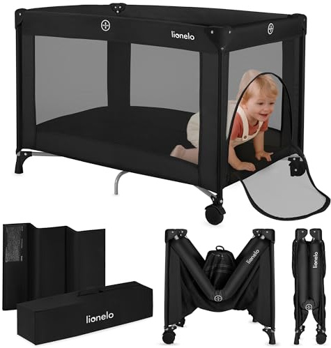 Lionelo Cuna de viaje para bebé Amelie desde el nacimiento hasta los 15 kg, Pequeña, Plegable, Colchón blando plegable, 100,5x70,5 cm, 2 ruedas, Entrada lateral, Bolsa de transporte