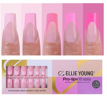 Ellie Young PRO-TIPS French Kit 150pcs French Nail Tip, Press-On Nails – 15 Sizes, Gel Acrylic Nail Extensions for DIY Nail Art & Polish (ONLY NAILS) Pink Long Square ((ONLY NAIL) Long Square)