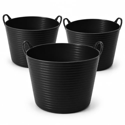 42L Heavy Duty Black Flexible Trug Bucket with Handles – Large Multipurpose Tub for Garden, Laundry, Builders, Cleaning & Storage | Durable Plastic Builders Tub – 3 Pack