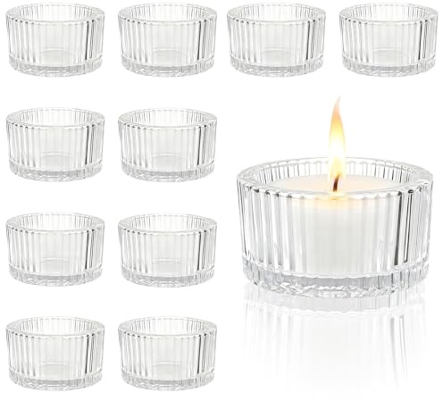 Tea Light Candle Holders, 12pcs Clear Ribbed Glass Tea Light Candle Holders 5.5cm x 3.5cm tealight holders, for table centrepiece, Weddings, Birthday Party, Dinners, Festivals, Christmas Home Decor