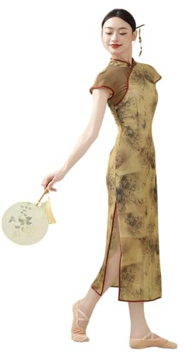 ROYAL SMEELA Robe Cheongsam Chinoise Femme, Robe Qipao élégant en Maille élastique, col Mandarin et Fentes latérales