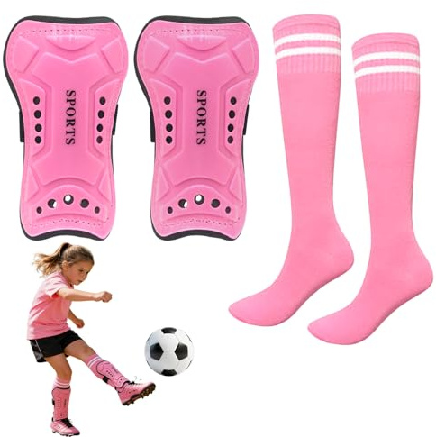 KASESSS Football Shin Pads Girls with Socks Set 6-12 Years, Breathable Protective Kids Shin Guards Teens Leg Calf Ankle, Lightweight Non-Slip Youth Shinpads Perforated Eva Cushion Adjustable Straps