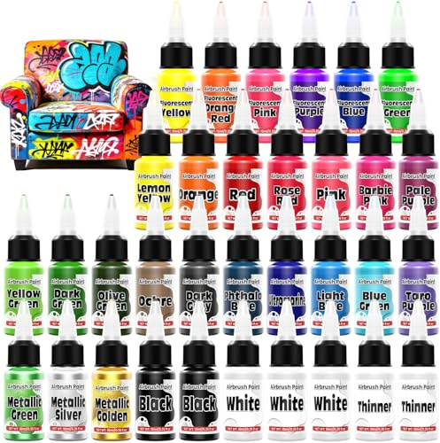 Airbrush Paint - 33 Colours Acrylic Air Brush Painting, Ready to Spray Airbrush Model Paint Kit, Water Based Airbrush Painting with 2 Thinners 6 Primer for Wood, Model Car, Craft, Metal, Plastic