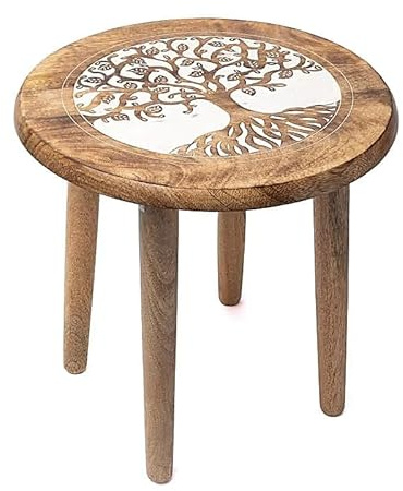 XdeliX Table d'Appoint Arbre de Vie en Bois de Manguier - Ronde - Ø 30 cm x Hauteur 31 cm - 1665 g - Tabouret en Bois avec 4 Pieds, Tabouret pour Plantes, Table Décorative, Table Autel pour Pierres