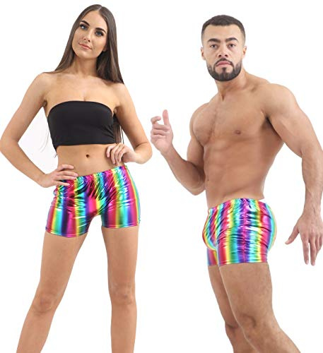 Crazy Chick WickedFun Men Women Shiny Metallic Dance Wear Shorts Casual Rainbow Gay Pride Hot Pants Unisex Fancy Dress Wet Look Shorts (Large/X-Large)