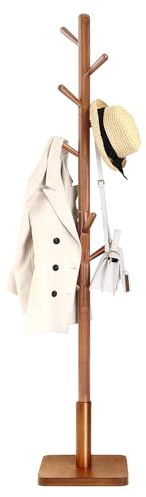 VASAGLE Solid Wood Coat Rack, Free Standing Hall Coat Tree with 8 Hooks, 3 Height Options, for Coats, Hats, Bags, Purses, for Entryway, Hallway, Rubberwood Hooks and Pole, Dark Walnut URCR010W01