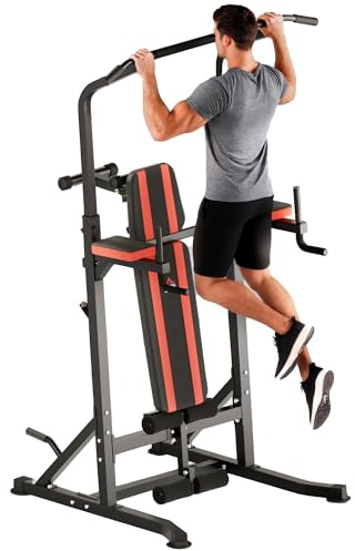 HOMCOM Power Tower Pieghevole, Stazione Fitness Multifunzione Regolabile in 7 Posizioni con Sbarra Trazioni, Dip Station, Pull UP Station e Panca Piana in Acciaio, per Home Gym Casa, Portata 150kg