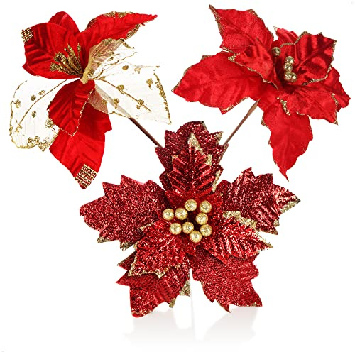 com-four® 3X arreglos Decorativos, Flores Artificiales como Grandes Decoraciones navideñas, Hermosas Decoraciones para Habitaciones, también para Coronas y arreglos Florales. (Rojo + Dorado)