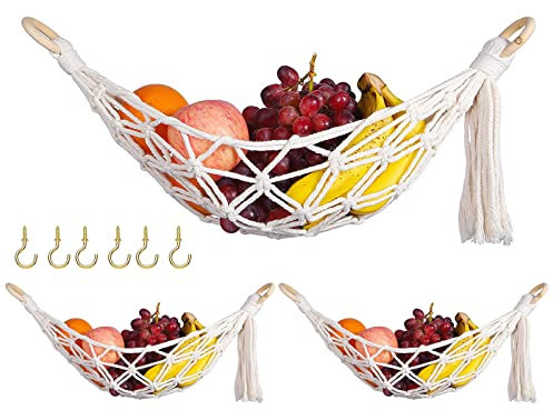 Obst Hängematte, 3 Stück Makramee Hängende Obsthängematte, Obstkorb Hängend Frucht Gemüse Hängematte mit Haken, Gemüse Obst Halter Netz Aufbewahrungskörbe Deko für Küche