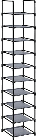 SONGMICS Schuhregal,10 Ebenen, Schuhablage, Schuhaufbewahrung, schmal, 33 x 33 x 173 cm, Metallgestell, Ablagen aus Vliesstoff, für Flur, Schlafzimmer, grau LSR110G01