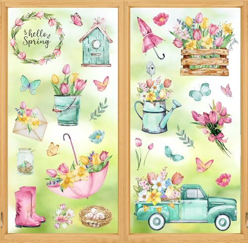 Whaline 75 Pcs Spring Summer Tulip Window Clings Tulip Flower Umbrella Truck Window Stickers Hello Spring Double-Side Glass Decals for Home Office School Party Shop Display Decoration