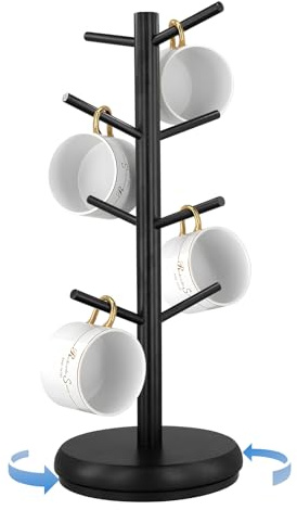 UPROZIL 360° Rotating Wooden Mug Holder Tree with 8 Hooks, Coffee Cup Drying Stand, Mug Storage Rack for Kitchen and Coffee Bar with Removable Anti-Slip Base