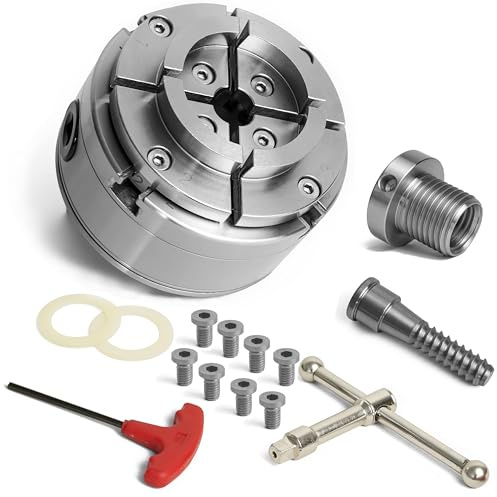 5.5 4 Jaw Key Self-Centering Woodlathe Chuck, Thread 1-1/4x8TPI, with Dovetail Jaws, Wood Screw, Thread adaptor to 1x8TPI, Two Nylon Washers, Chuck Key and T Handle Key for Woodturning Lathe.