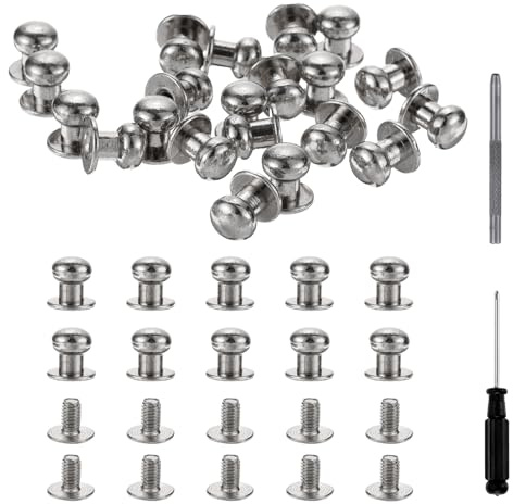QUARKZMAN Viti a Bottone a Testa Tonda 8mm Rivetti in Pelle in Lega con Punzone Cavo Cacciavite per Riparare Decorare Tessuti Abbigliamento Scarpe Borse Fai Da Te, Bianco Argentato