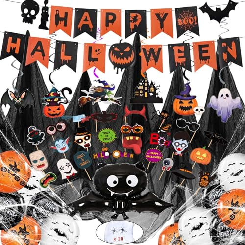 Cheloveer 63-teiliges Halloween-Set - Girlande, Spinnennetz, Spirale, Dekostoff, Spinnen, Foto-Requisiten, Fledermaus-Ballons für Party-Dekoration Innen und Outdoor