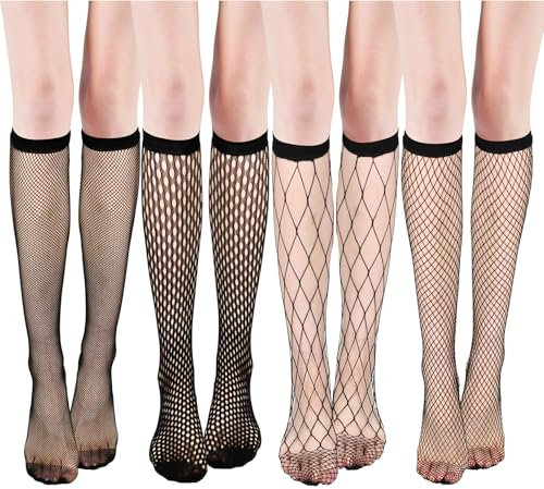 Telooco 4 Paar Nylon Kniestrümpfe Damen Netzstrümpfe Schwarz Netz Wadenstrümpfe Halterlose Fishnets Socken Nylon Hohle Damensocken Netz Kniestrümpfe Transparente Oberschenkelsocken