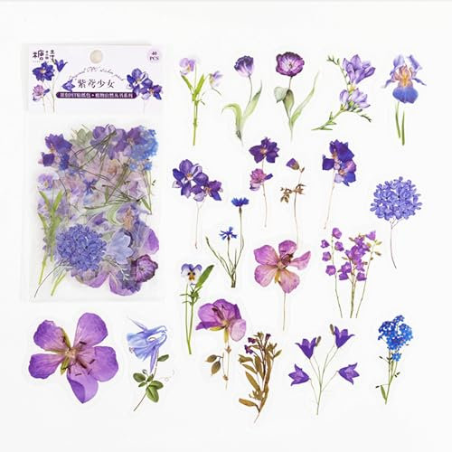 Barlone Lila Blumen Sticker, 40 Blatt PET, Sticker für Scrapbooking, Bullet Journal, DIY Tagebücher & Karten