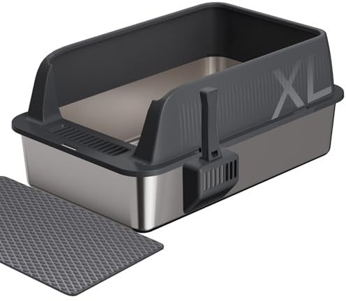 Gimars Arenero Acero Inoxidable Gatos 58x38x26cm, Caja de Arena XL de 35L con Pala y Alfombrilla, Bandeja Metálica Grande para Gatos Grandes y Medianos, Fácil de Limpiar y Duradera