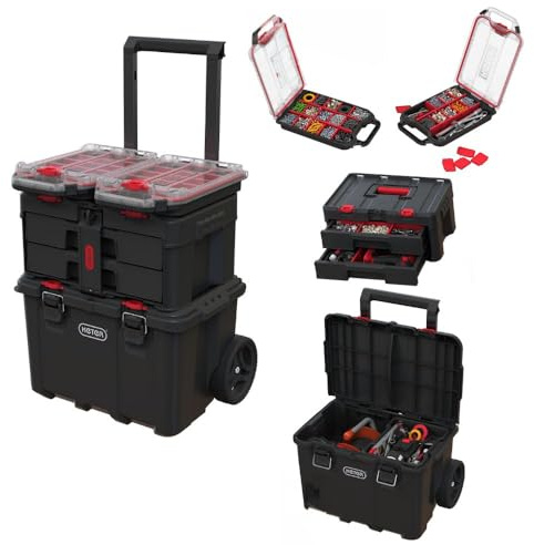 Keter Stack-n-Roll Modular Tools Organizer for Garage Storage and DIY, 4 Piece Resin Rolling Tool Box System for Small Parts, Black