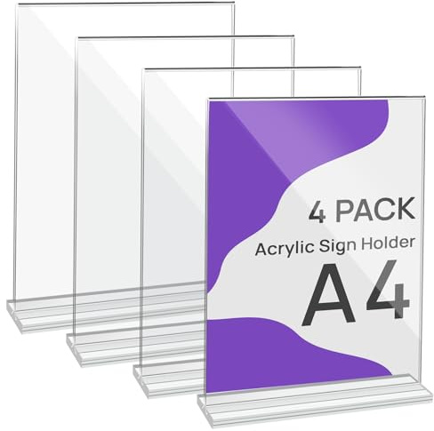 JEFURE Set di 4 Porta-poster in Acrilico A4, Cavalletto da Tavolo in Acrilico, Supporto a T per Documenti, Porta-menu, Presentatore per Ufficio, Negozio, Ristorante