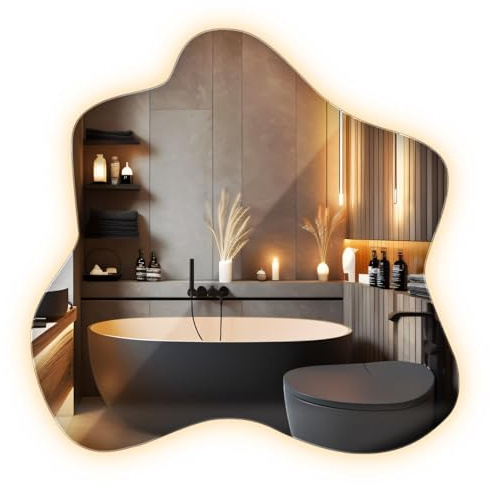 Miroir Élégant LED 48,3x47,9 cm Bords Polis avec Éclairage pour Salle de Bain Salon Chambre Couloir Lumière Chaude Maquillage pour Le Mur Irrégulier Organique de Rasage Forme Ondulée Déco Intérieur
