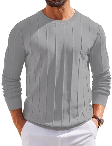 COOFANDY Maglione Invernale Caldo Lavorato A Maglia A Maniche Lunghe con Scollo Rotondo da Uomo Grigio Chiaro XXL