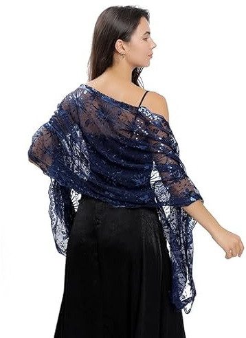Makroyl Women's Sequin Shawls Wraps For Evening Dresses Female Sparkly Sheer Mesh Wedding Scarf Capes Shrugs For Bolero Evening Party (A-Navy blue)