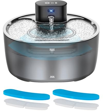 Fontaine a Eau Chat sans Fil 3.2L, Fontaine à Eau pour Chat avec Batterie 5000mAh Rechargeable, INOX Plateau d’abreuvement, Cat Water Fountain avec Silencieuse avec Détecteur de Mouvement