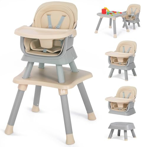 Kinder King 8 in 1 Baby High Chair, Coverts to Dining Booster Seat/Kids Table & Chair Set/Toddler Building Block Table/Kids Stool, Removable Tray & Double Seat Cover, Easy to Wipe, Grey & Coffee